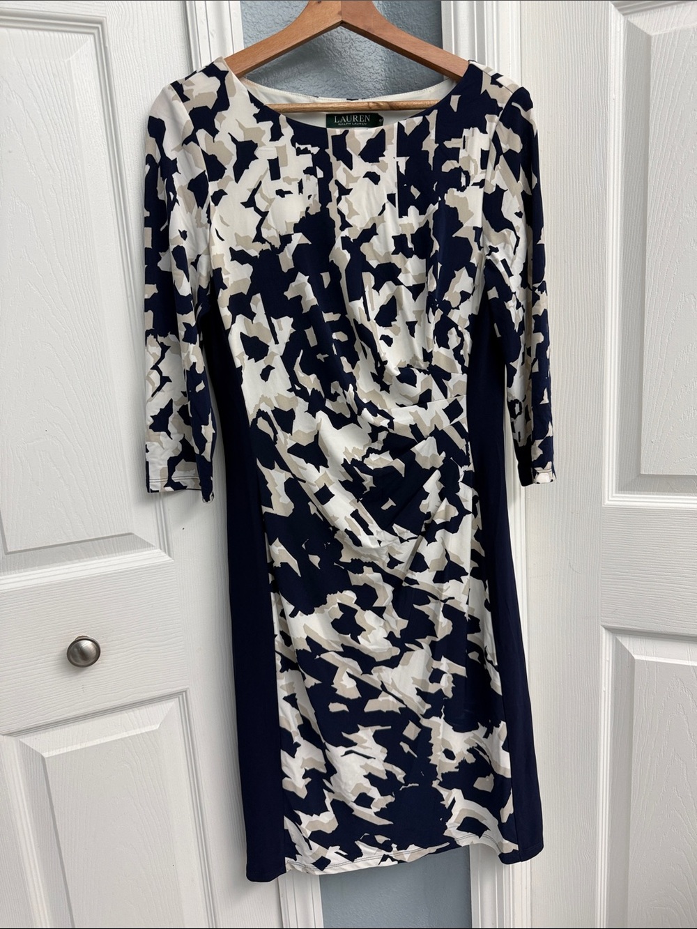 NWT Ralph Lauren Navy and White Long-Sleeve Printed Sheath Dress size 10